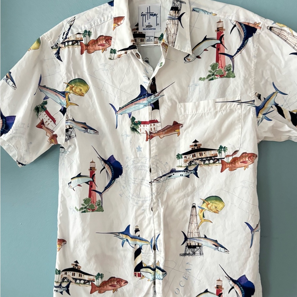 Guy Harvey White Casual Button Down Shirt Nautical Print